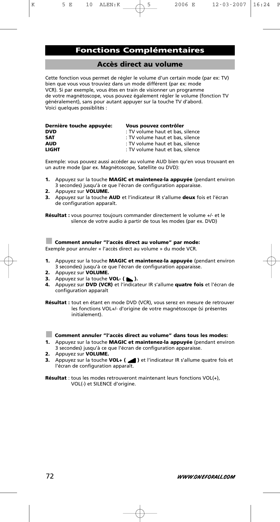 Accès direct au volume, Fonctions complémentaires | One for All KAMELEON 5 User Manual | Page 73 / 293