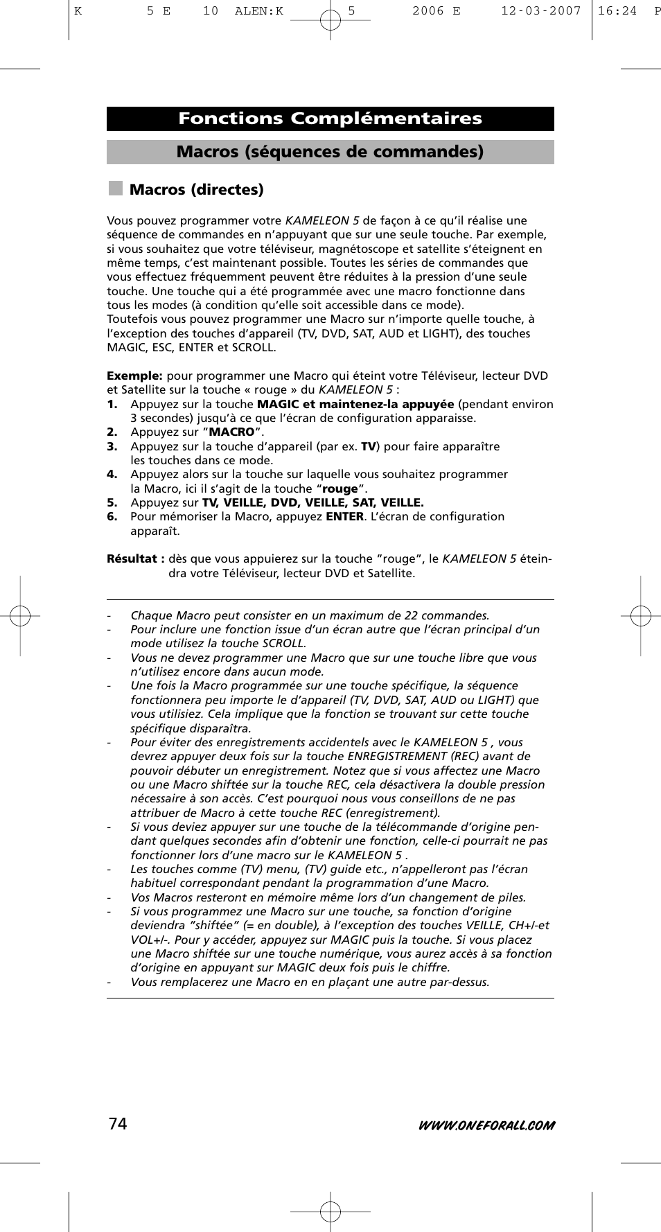 Macros (séquences de commandes), Fonctions complémentaires, Macros (directes) | One for All KAMELEON 5 User Manual | Page 75 / 293