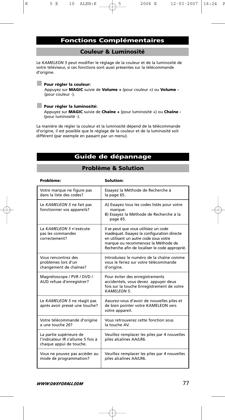 77 couleur & luminosité | One for All KAMELEON 5 User Manual | Page 78 / 293