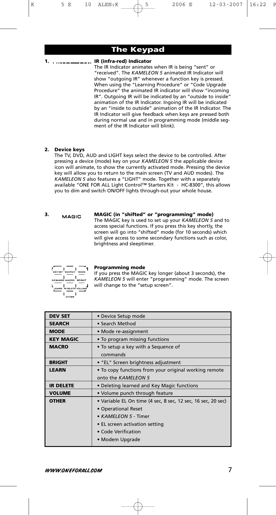 The keypad | One for All KAMELEON 5 User Manual | Page 8 / 293