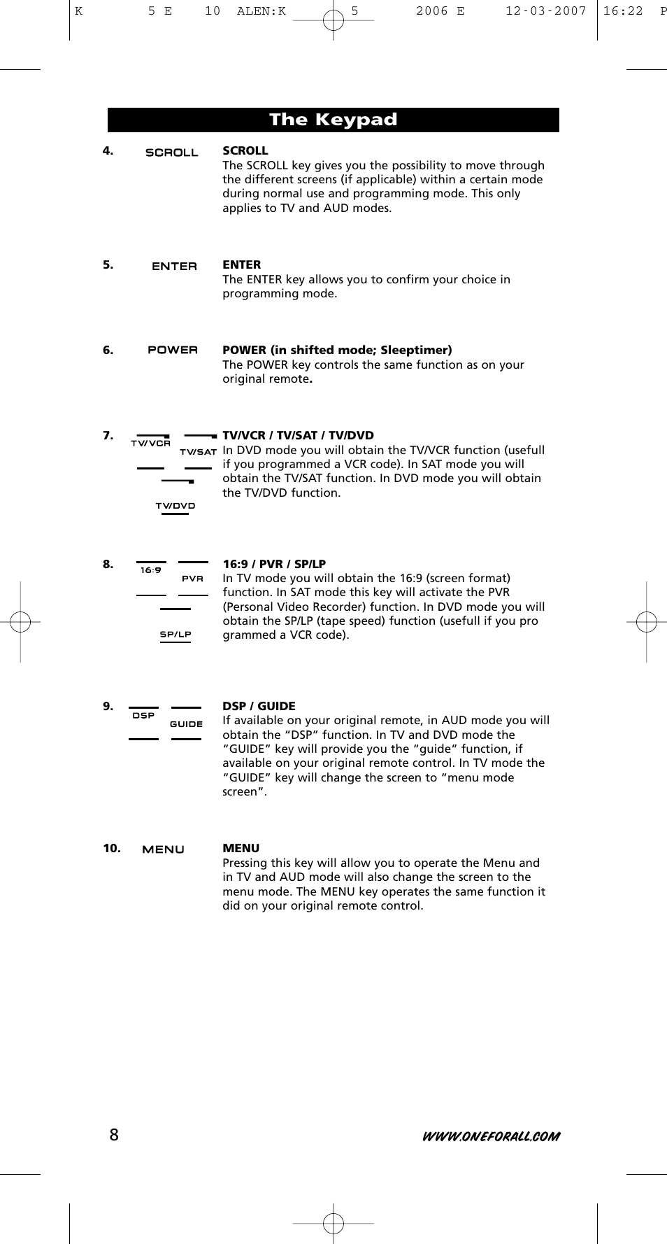 The keypad | One for All KAMELEON 5 User Manual | Page 9 / 293