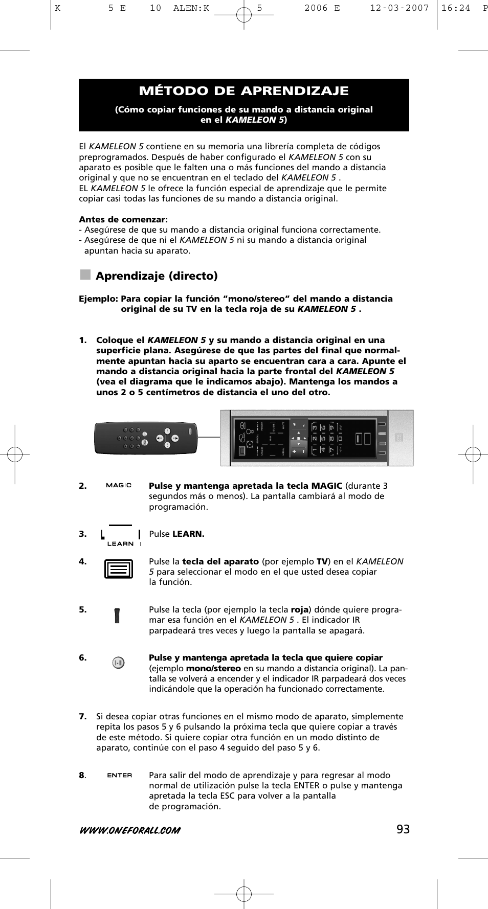 Método de aprendizaje, Aprendizaje (directo) | One for All KAMELEON 5 User Manual | Page 94 / 293