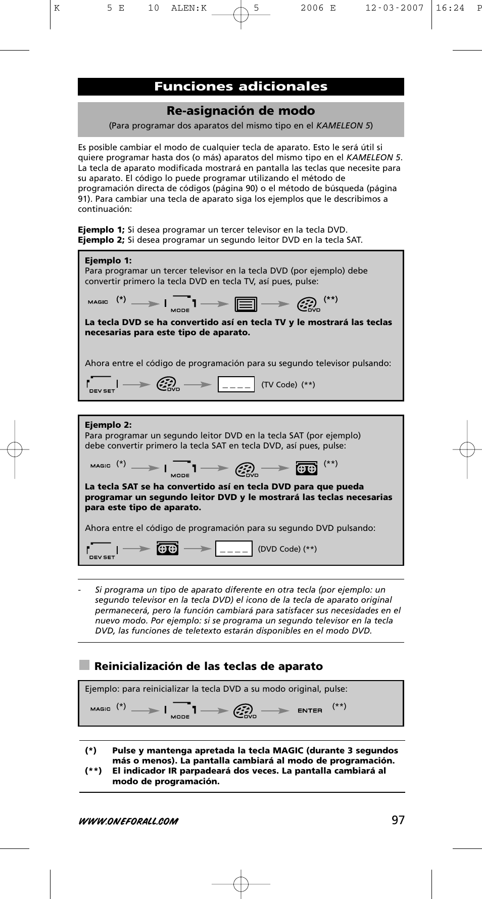 97 re-asignación de modo, Funciones adicionales, Reinicialización de las teclas de aparato | One for All KAMELEON 5 User Manual | Page 98 / 293