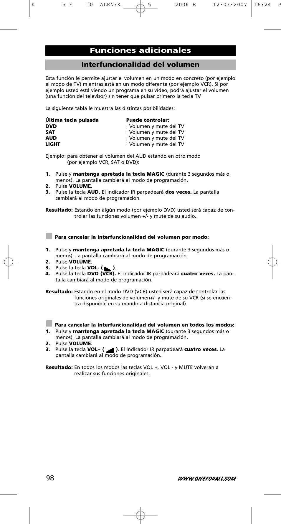 Interfuncionalidad del volumen, Funciones adicionales | One for All KAMELEON 5 User Manual | Page 99 / 293