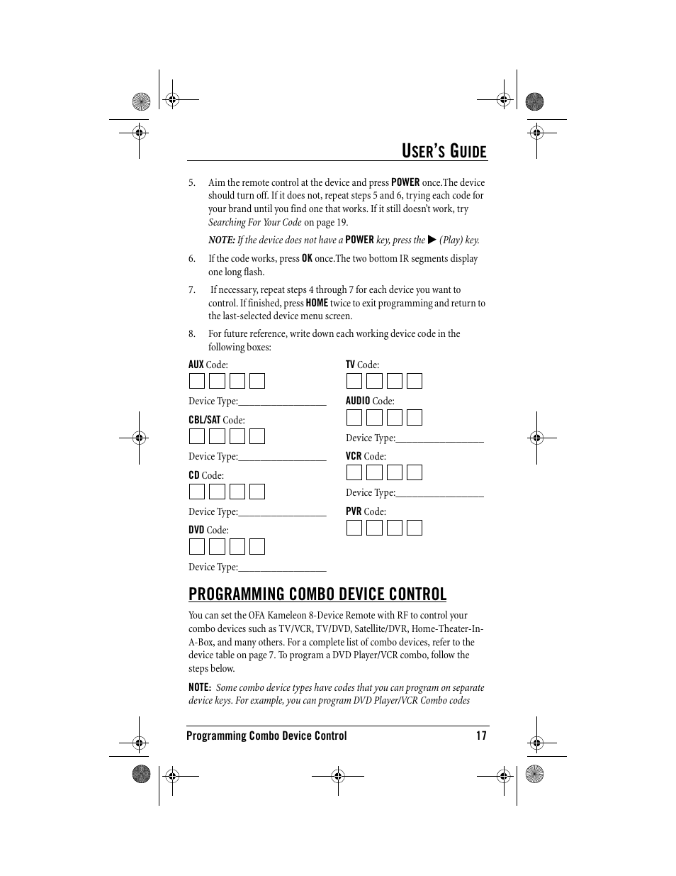 Programming combo device control, Uide | One for All Kameleon URC-9964B00 User Manual | Page 17 / 68