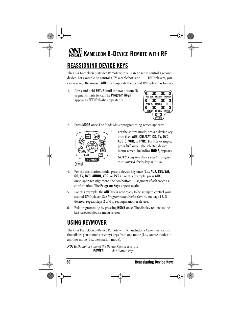 Reassigning device keys, Using keymover, Ameleon | Evice, Emote, With | One for All Kameleon URC-9964B00 User Manual | Page 36 / 68