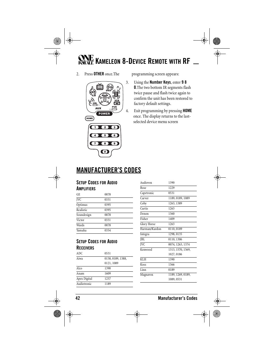 Manufacturer’s codes, Ameleon, Evice | Emote, With | One for All Kameleon URC-9964B00 User Manual | Page 42 / 68