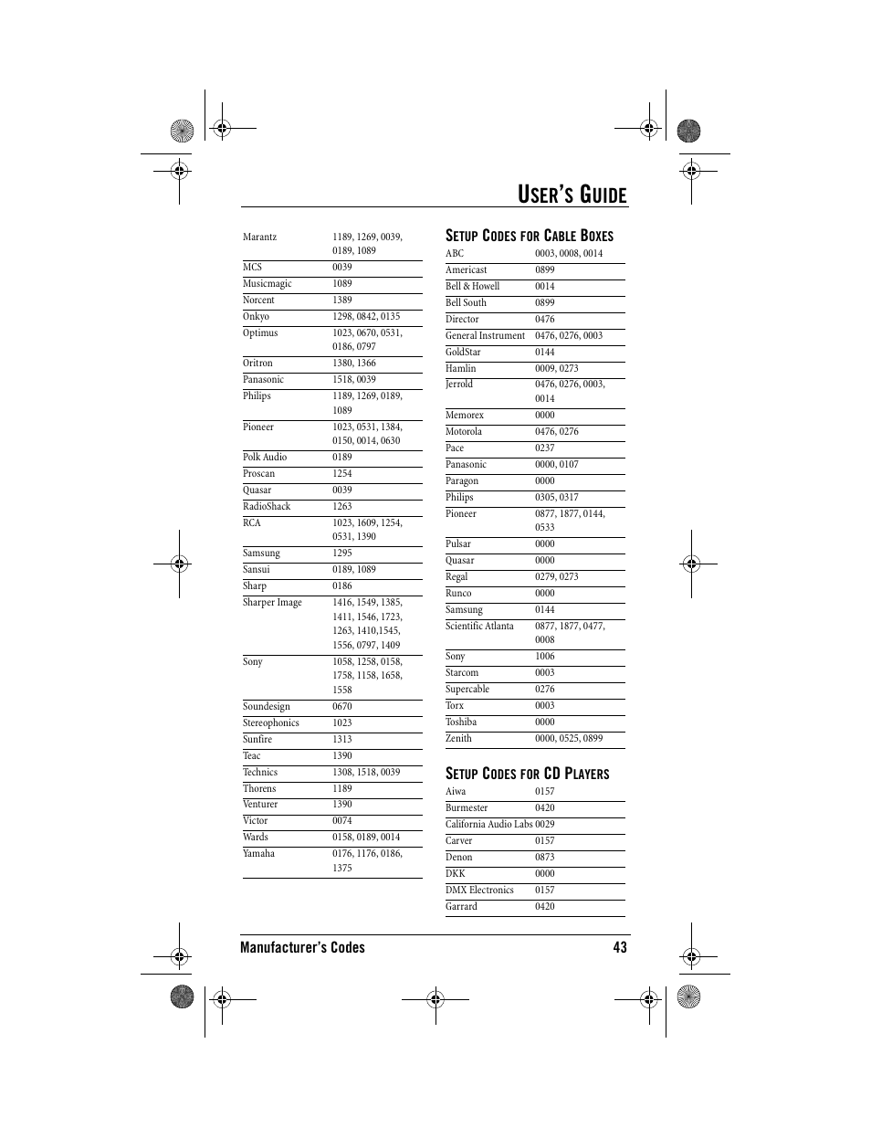 Uide, Cd p, Manufacturer’s codes 43 | One for All Kameleon URC-9964B00 User Manual | Page 43 / 68