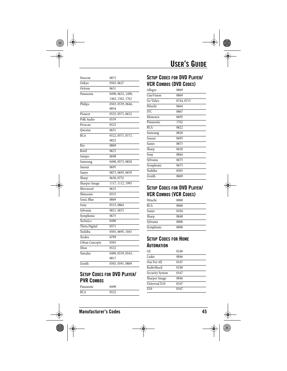 Uide, Dvd p, Pvr c | Vcr c, Dvd c | One for All Kameleon URC-9964B00 User Manual | Page 45 / 68