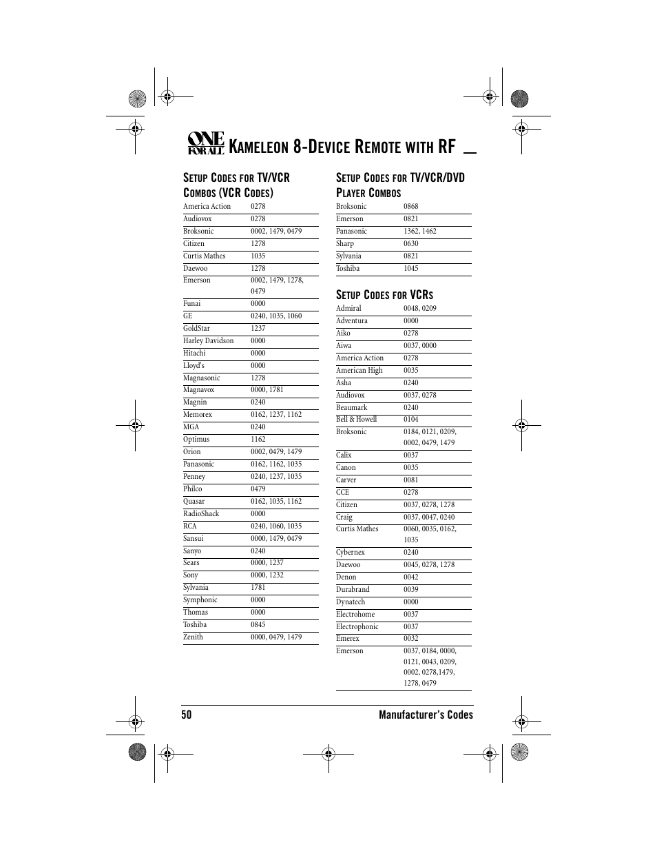 Ameleon, Evice, Emote | With, Tv/vcr c, Vcr c, Tv/vcr/dvd p, 50 manufacturer’s codes | One for All Kameleon URC-9964B00 User Manual | Page 50 / 68