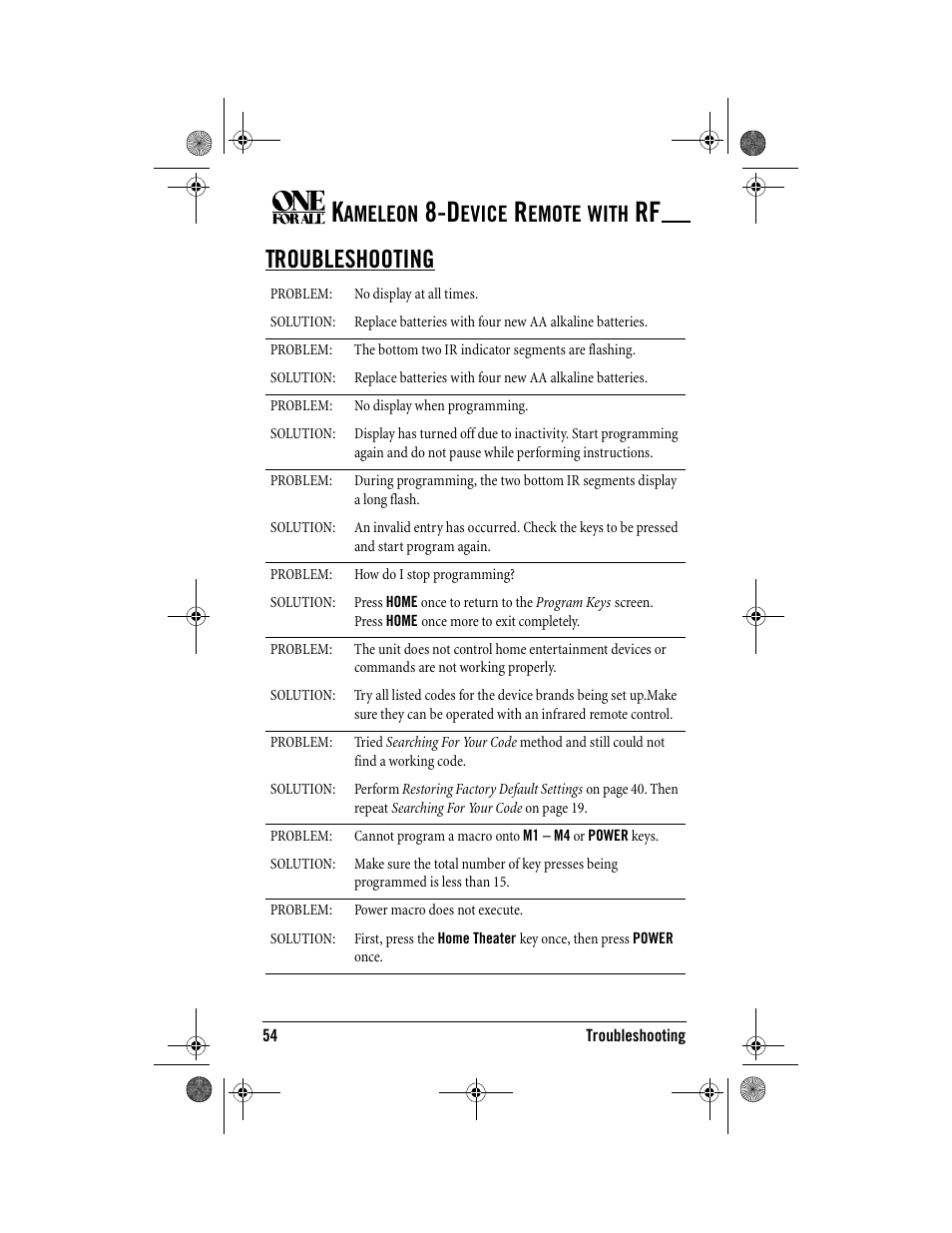 Troubleshooting, Ameleon, Evice | Emote, With | One for All Kameleon URC-9964B00 User Manual | Page 54 / 68