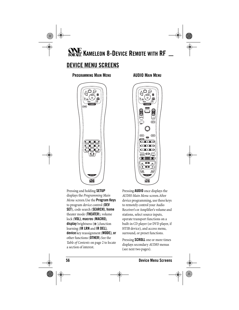 Device menu screens | One for All Kameleon URC-9964B00 User Manual | Page 56 / 68