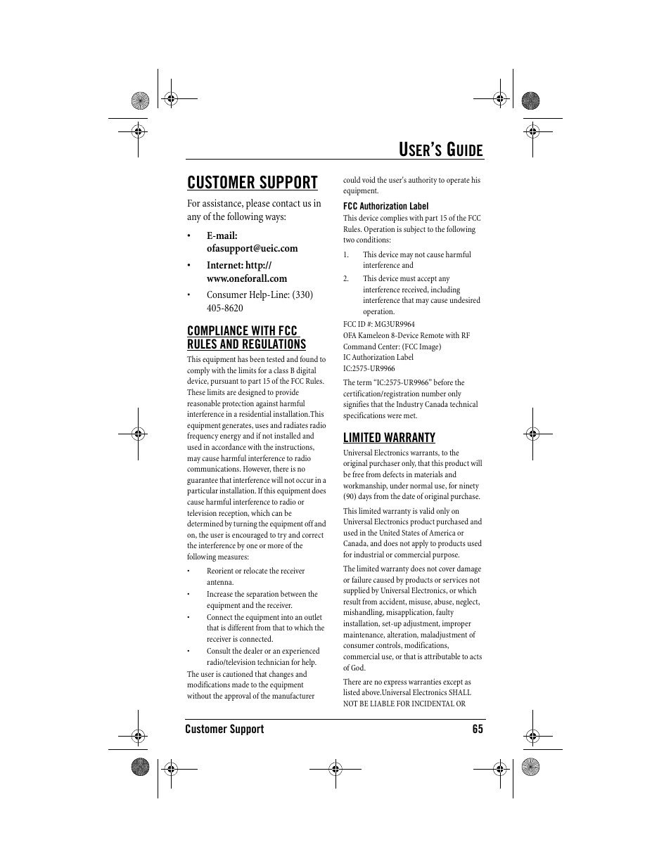 Customer support, Uide | One for All Kameleon URC-9964B00 User Manual | Page 65 / 68