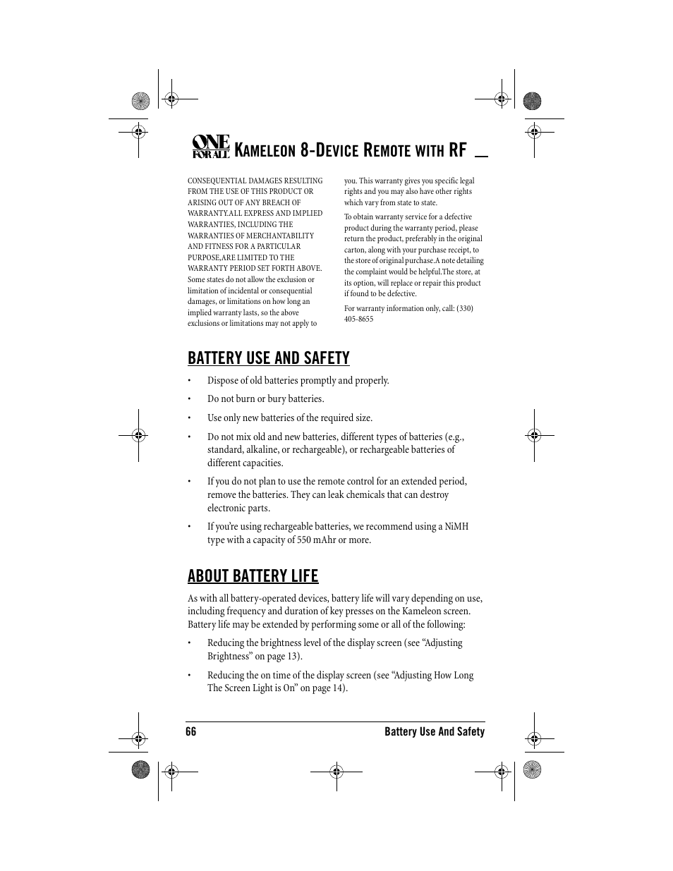 Battery use and safety, About battery life, Ameleon | Evice, Emote, With | One for All Kameleon URC-9964B00 User Manual | Page 66 / 68