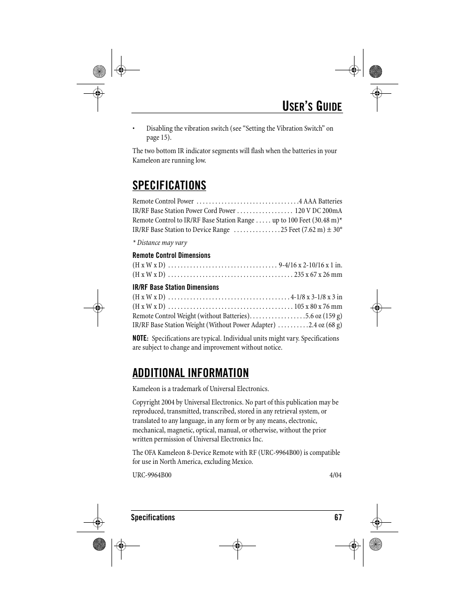 Specifications, Additional information, Uide | One for All Kameleon URC-9964B00 User Manual | Page 67 / 68