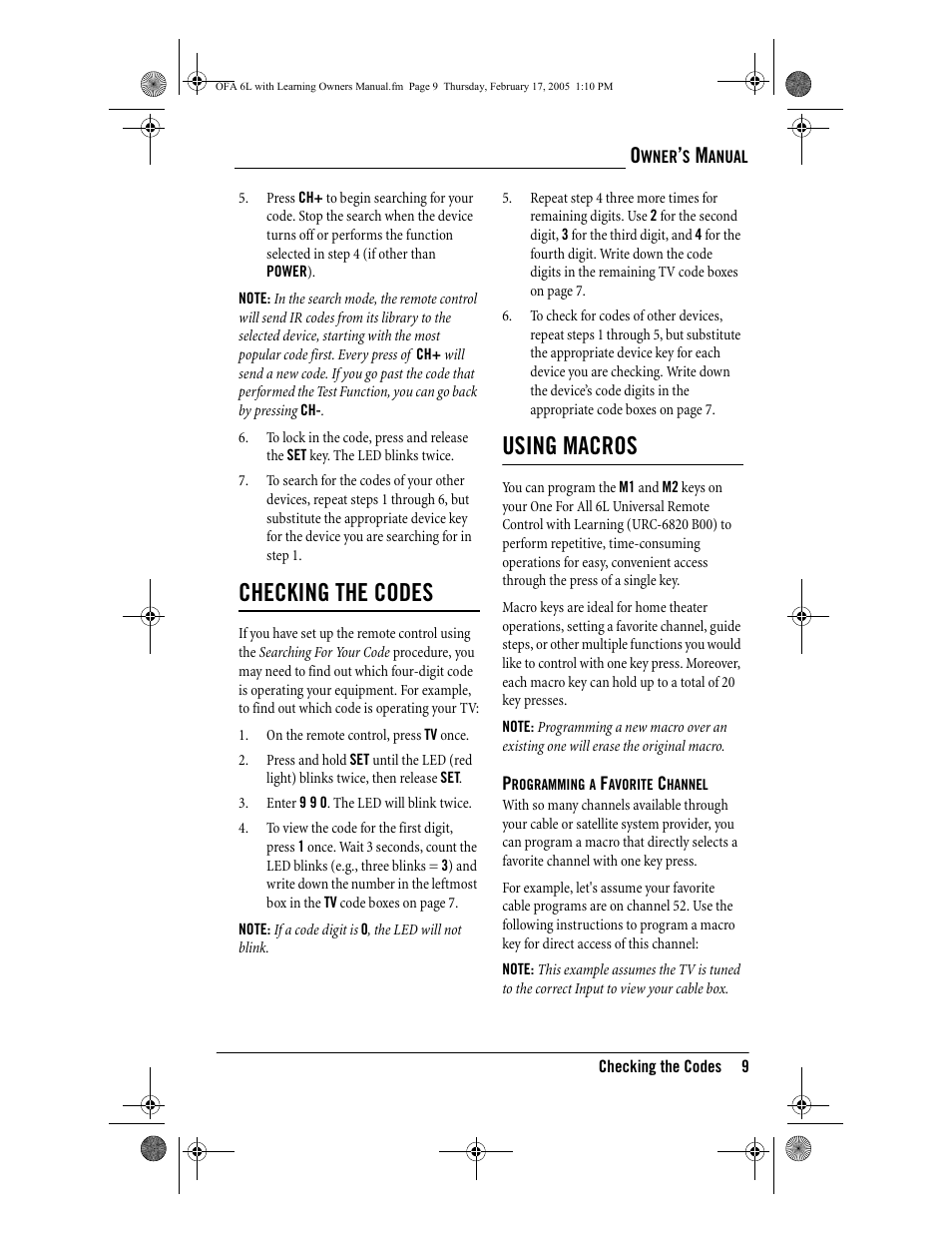 Checking the codes, Using macros | One for All 6-Device Universal Remote User Manual | Page 10 / 42