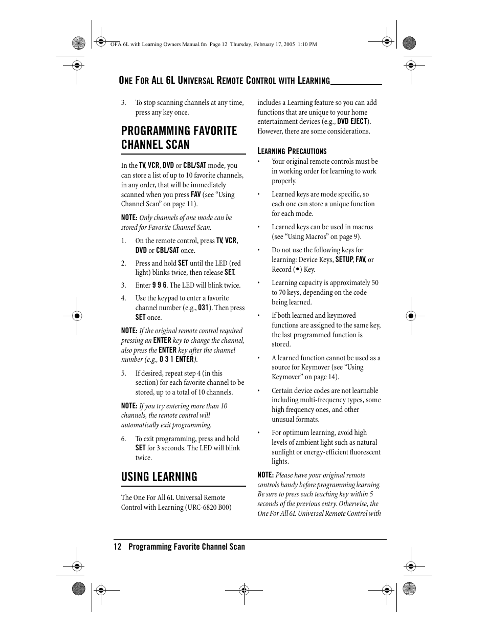 Programming favorite channel scan, Using learning, 6l u | One for All 6-Device Universal Remote User Manual | Page 13 / 42