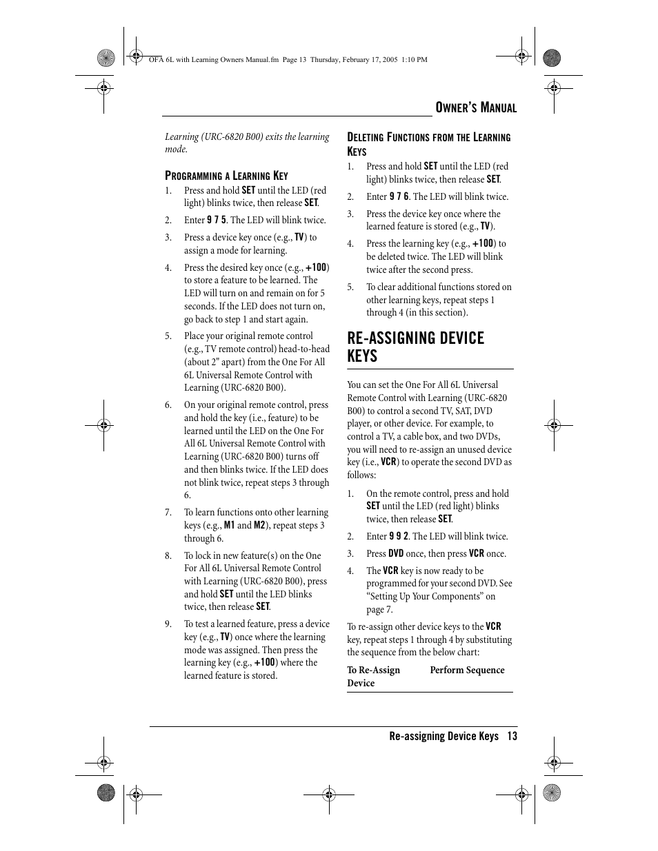 Re-assigning device keys | One for All 6-Device Universal Remote User Manual | Page 14 / 42