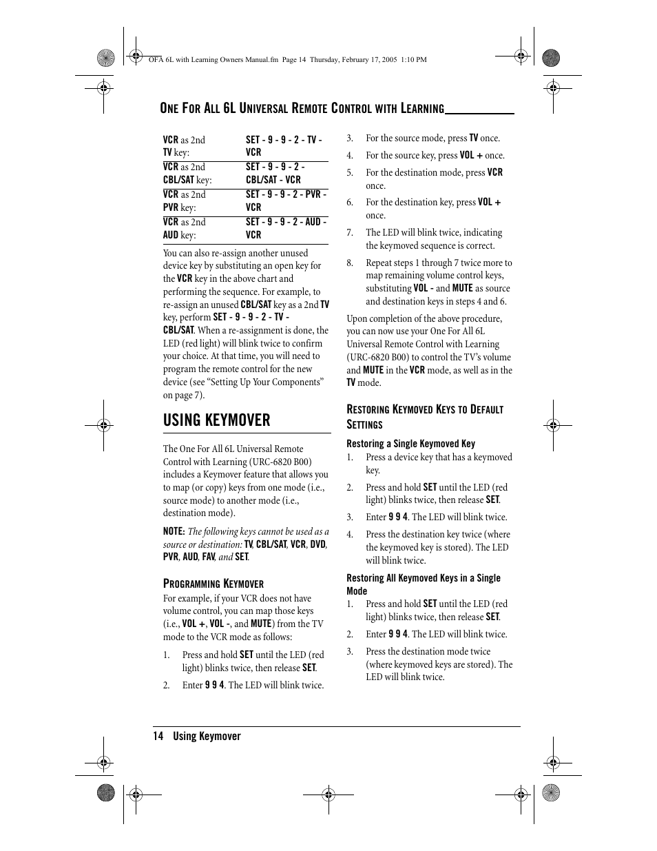 Using keymover, 6l u | One for All 6-Device Universal Remote User Manual | Page 15 / 42