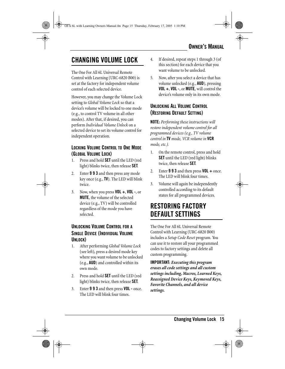 Changing volume lock, Restoring factory default settings | One for All 6-Device Universal Remote User Manual | Page 16 / 42