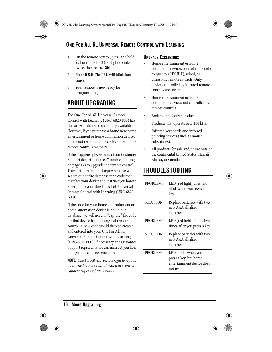 About upgrading, Troubleshooting, 6l u | One for All 6-Device Universal Remote User Manual | Page 17 / 42