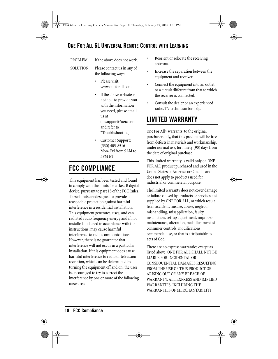 Fcc compliance, Limited warranty, 6l u | One for All 6-Device Universal Remote User Manual | Page 19 / 42