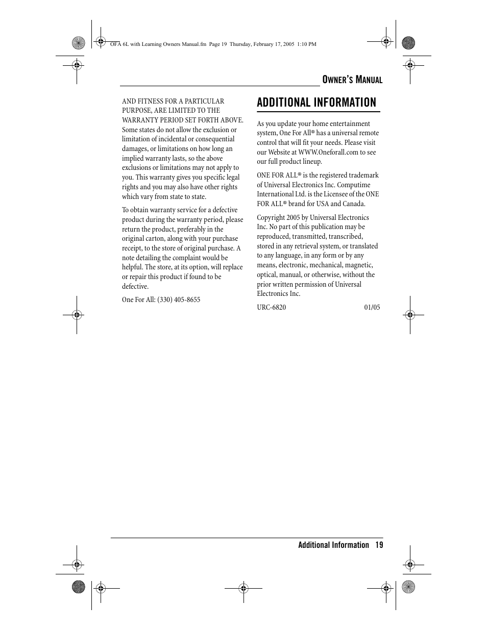 Additional information | One for All 6-Device Universal Remote User Manual | Page 20 / 42