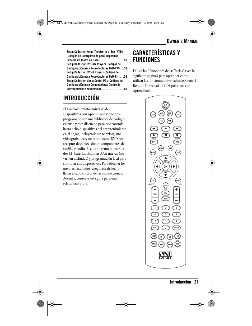 Introducción, Características y funciones | One for All 6-Device Universal Remote User Manual | Page 22 / 42