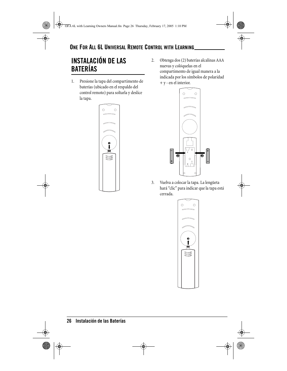 Instalación de las baterías, 6l u | One for All 6-Device Universal Remote User Manual | Page 27 / 42