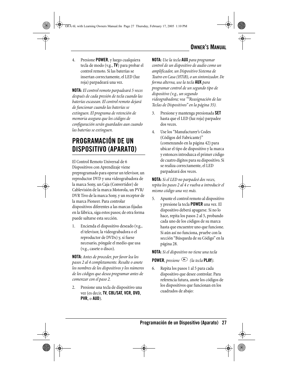 Programación de un dispositivo (aparato) | One for All 6-Device Universal Remote User Manual | Page 28 / 42