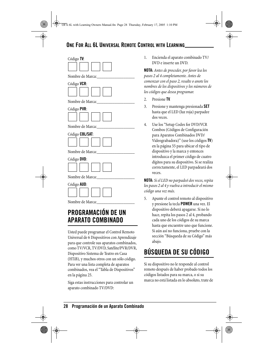 Programación de un aparato combinado, Búsqueda de su código, 6l u | One for All 6-Device Universal Remote User Manual | Page 29 / 42