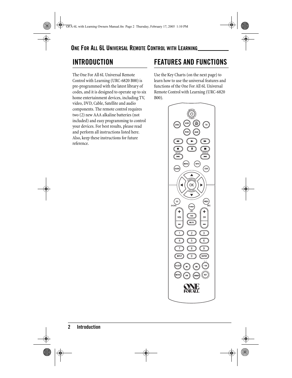 Introduction, Features and functions | One for All 6-Device Universal Remote User Manual | Page 3 / 42