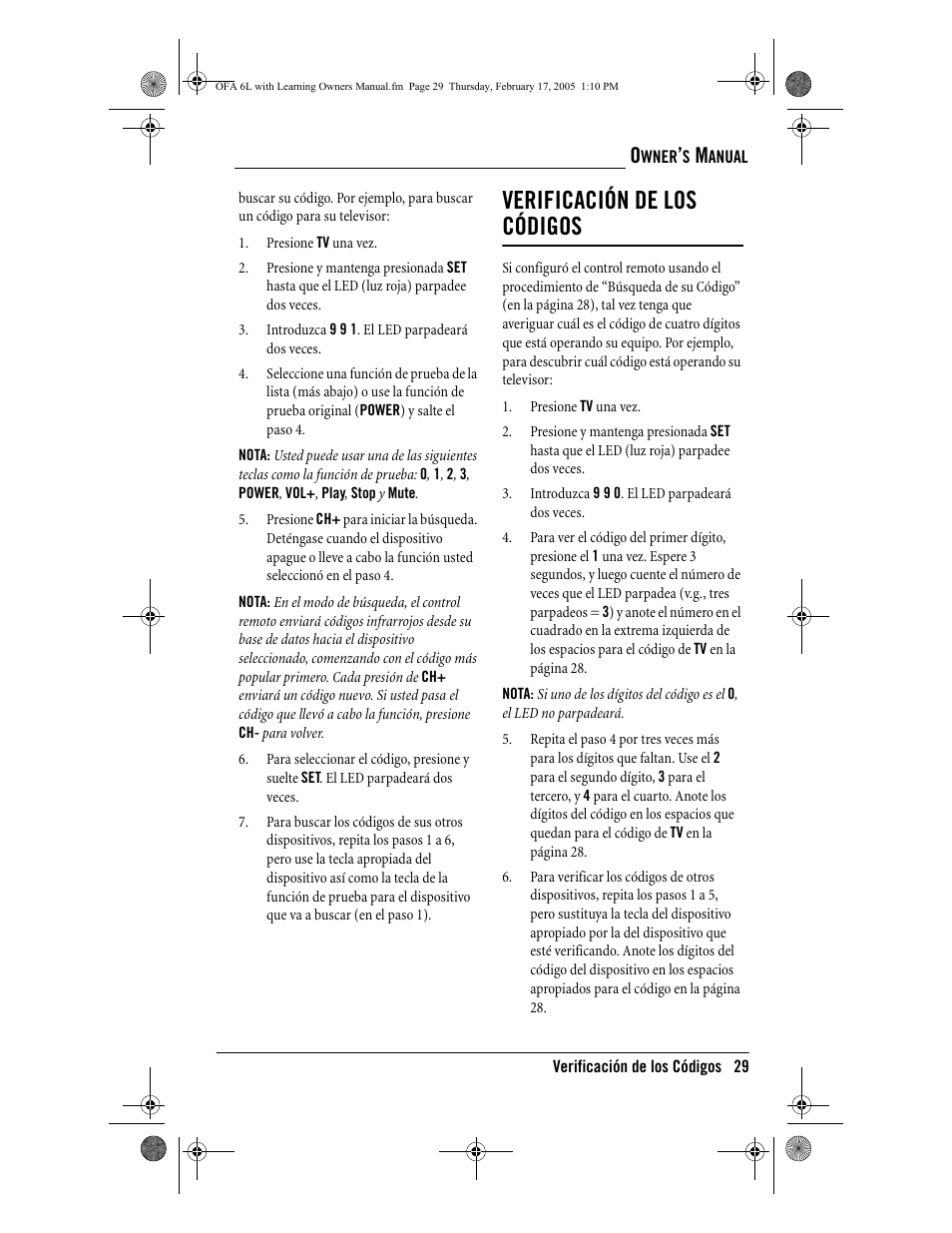 Verificación de los códigos | One for All 6-Device Universal Remote User Manual | Page 30 / 42