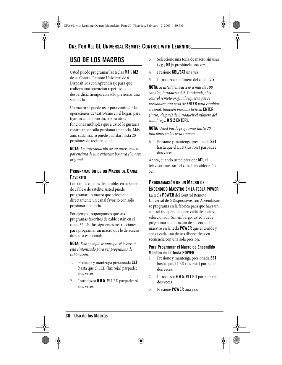 Uso de los macros, 6l u | One for All 6-Device Universal Remote User Manual | Page 31 / 42