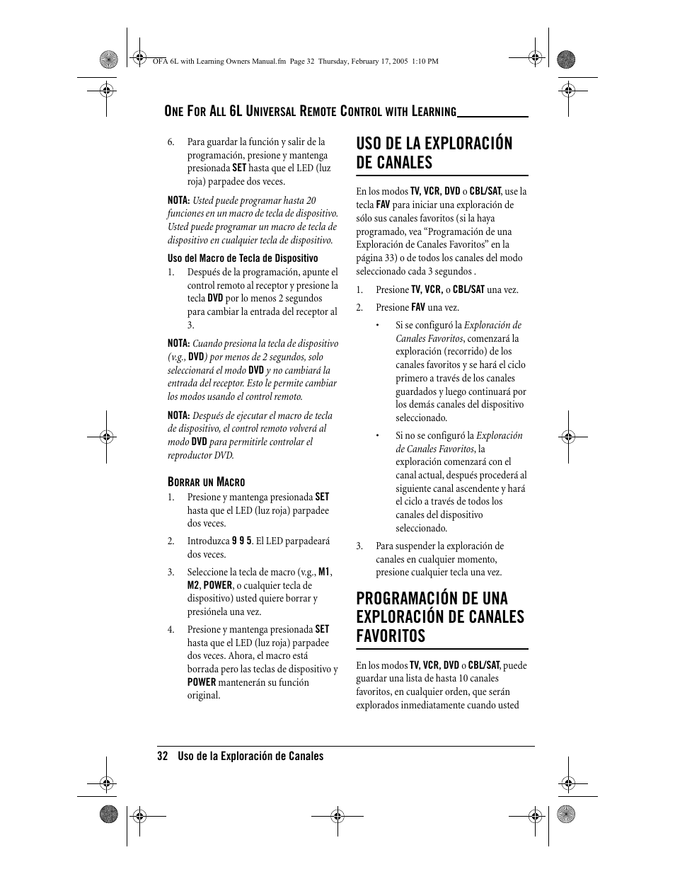 Uso de la exploración de canales, 6l u | One for All 6-Device Universal Remote User Manual | Page 33 / 42