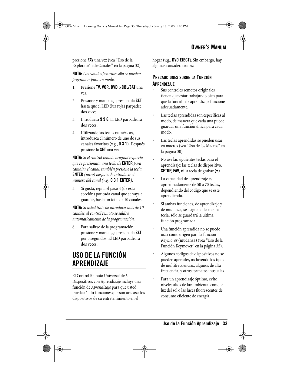 Uso de la función aprendizaje | One for All 6-Device Universal Remote User Manual | Page 34 / 42