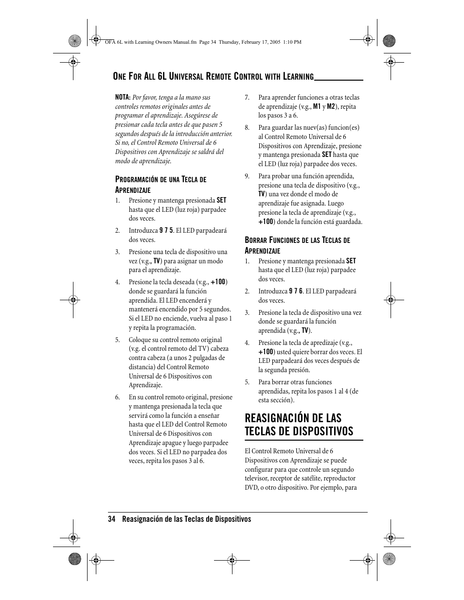 Reasignación de las teclas de dispositivos, 6l u | One for All 6-Device Universal Remote User Manual | Page 35 / 42