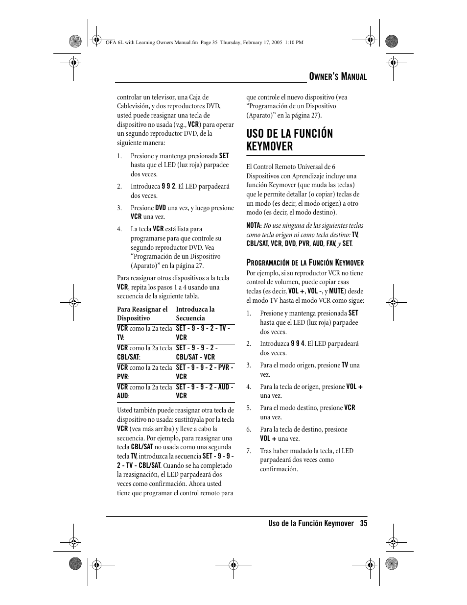 Uso de la función keymover | One for All 6-Device Universal Remote User Manual | Page 36 / 42