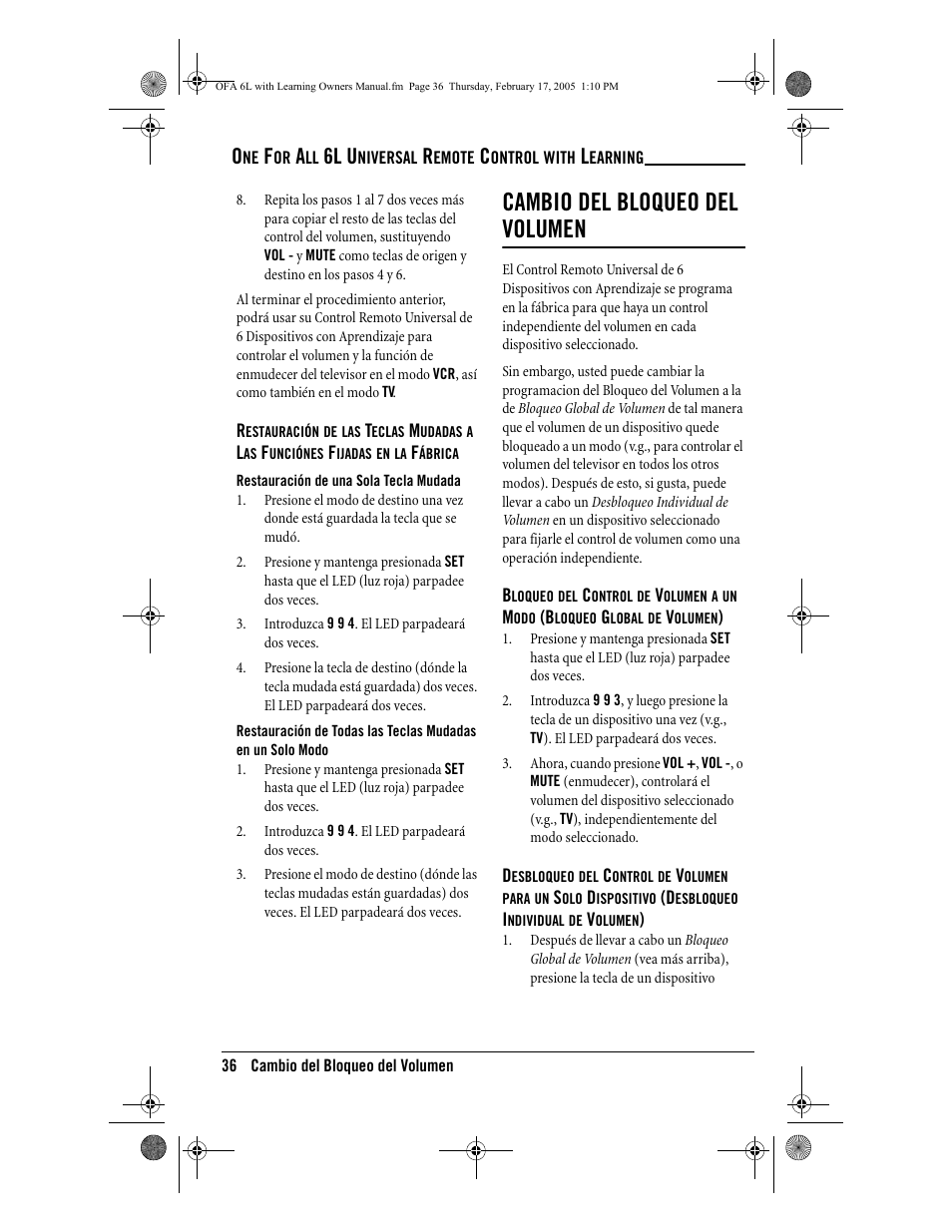 Cambio del bloqueo del volumen, 6l u | One for All 6-Device Universal Remote User Manual | Page 37 / 42