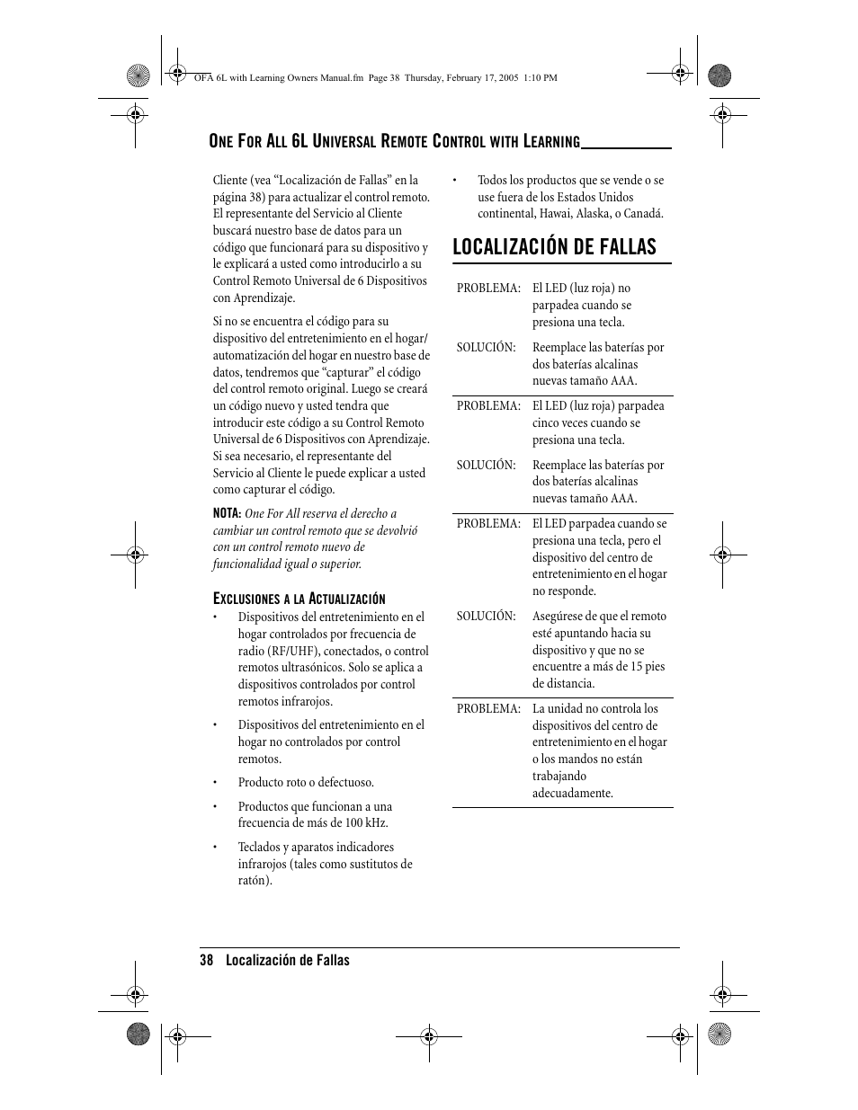 Localización de fallas, 6l u | One for All 6-Device Universal Remote User Manual | Page 39 / 42