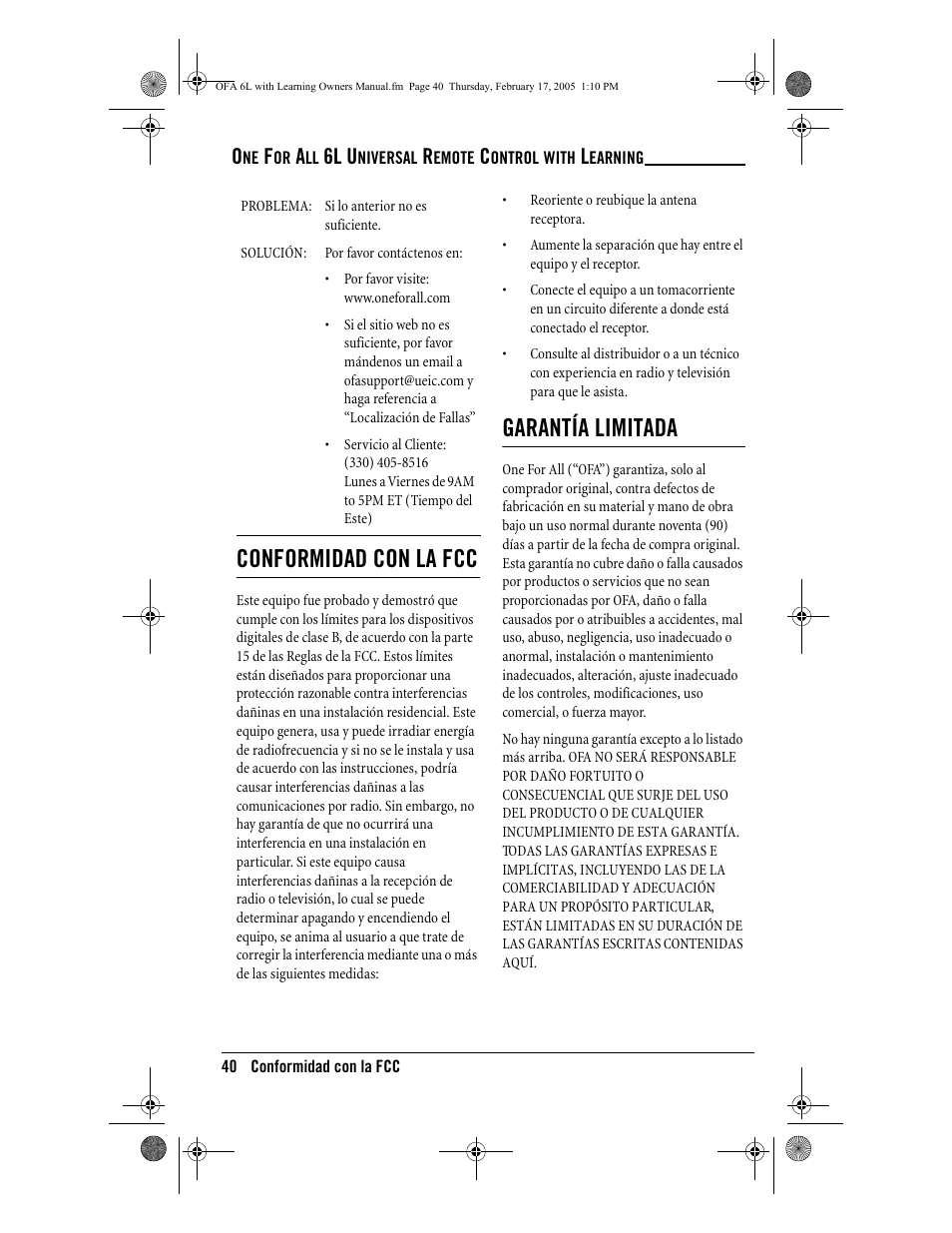 Conformidad con la fcc, Garantía limitada, 6l u | One for All 6-Device Universal Remote User Manual | Page 41 / 42