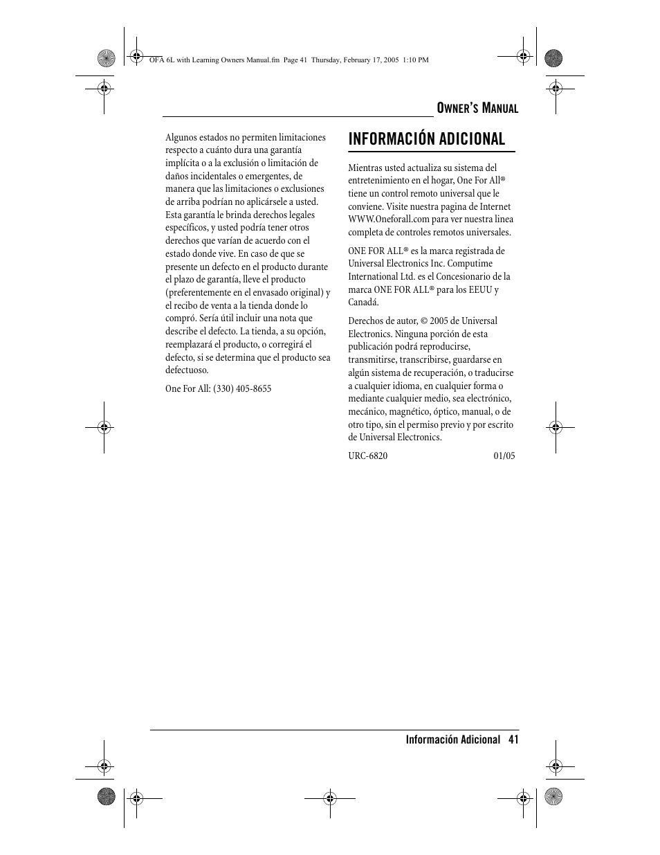 Información adicional | One for All 6-Device Universal Remote User Manual | Page 42 / 42