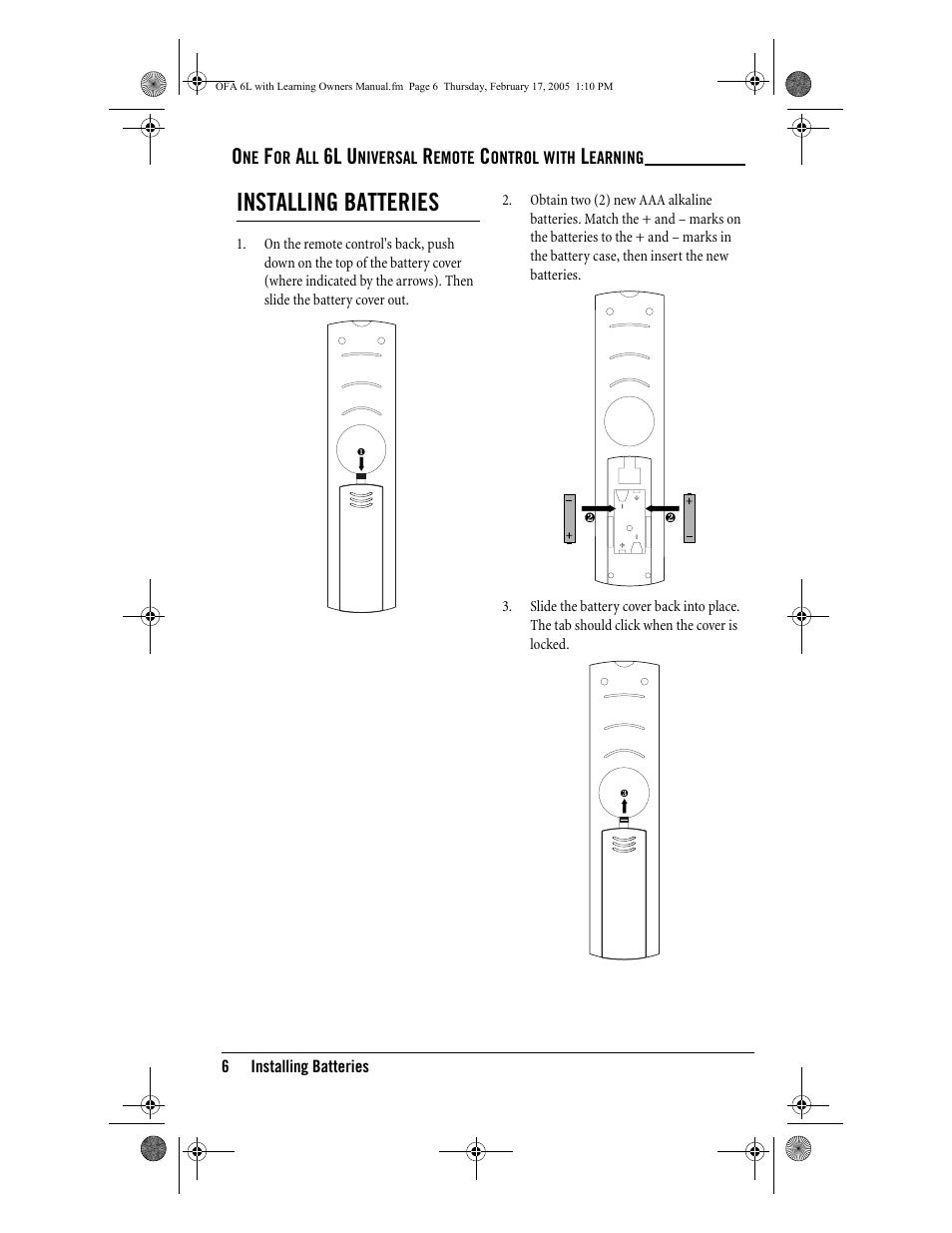 Installing batteries, 6l u | One for All 6-Device Universal Remote User Manual | Page 7 / 42