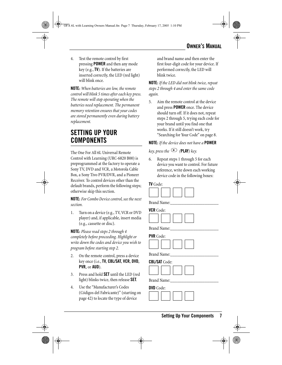 Setting up your components | One for All 6-Device Universal Remote User Manual | Page 8 / 42