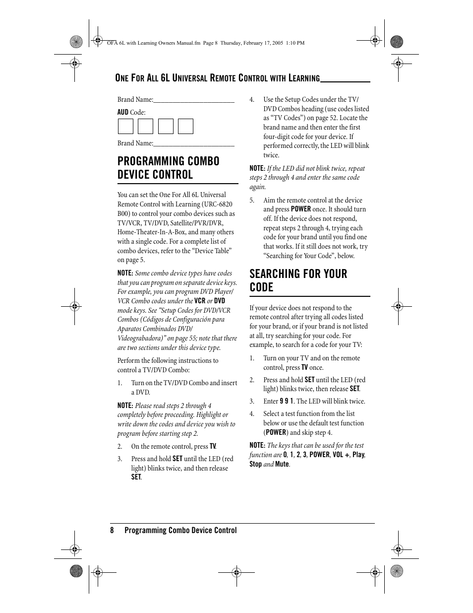 Programming combo device control, Searching for your code, 6l u | One for All 6-Device Universal Remote User Manual | Page 9 / 42