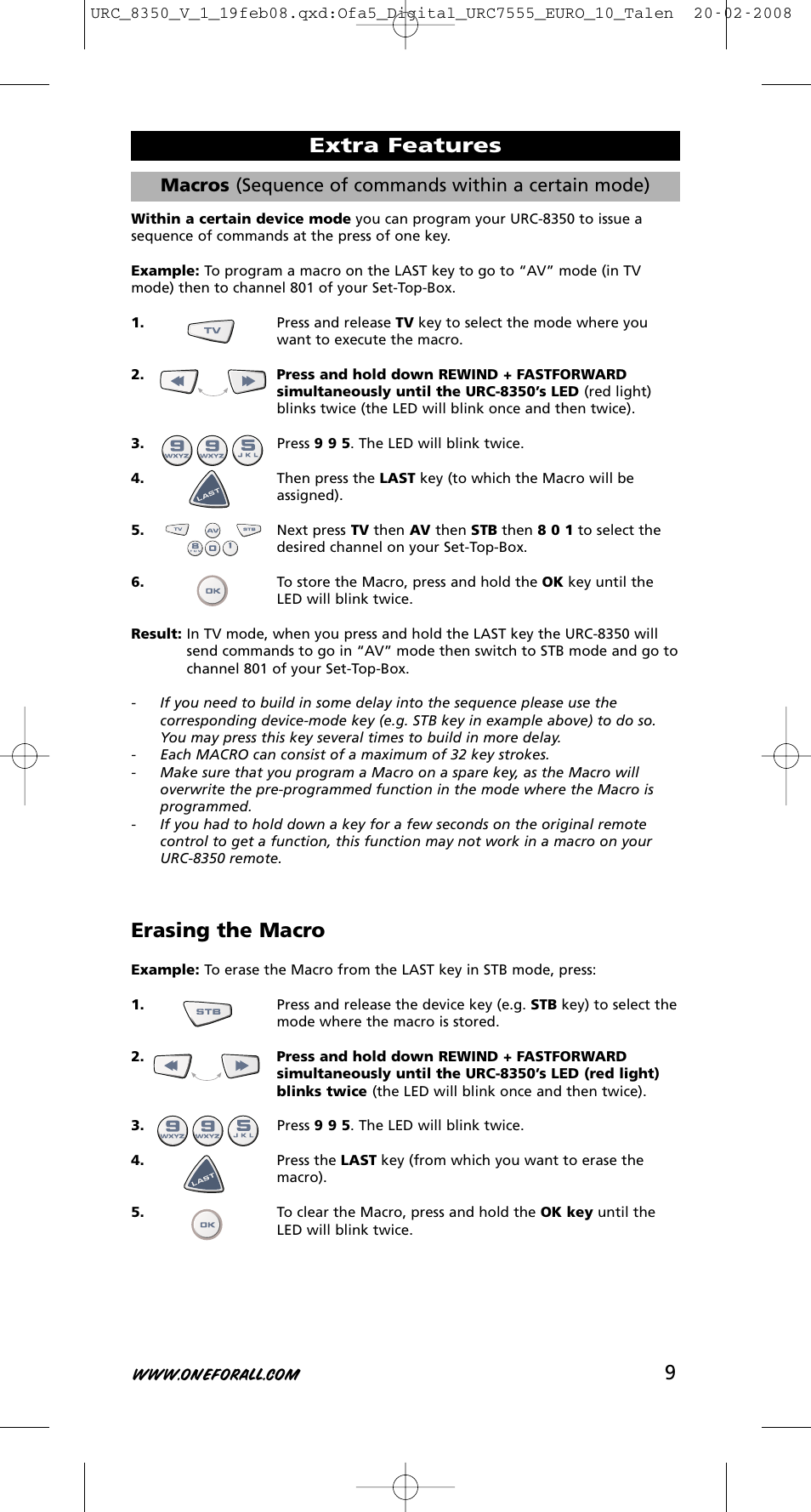 Erasing the macro, Extra features | One for All URC-8350 User Manual | Page 10 / 152