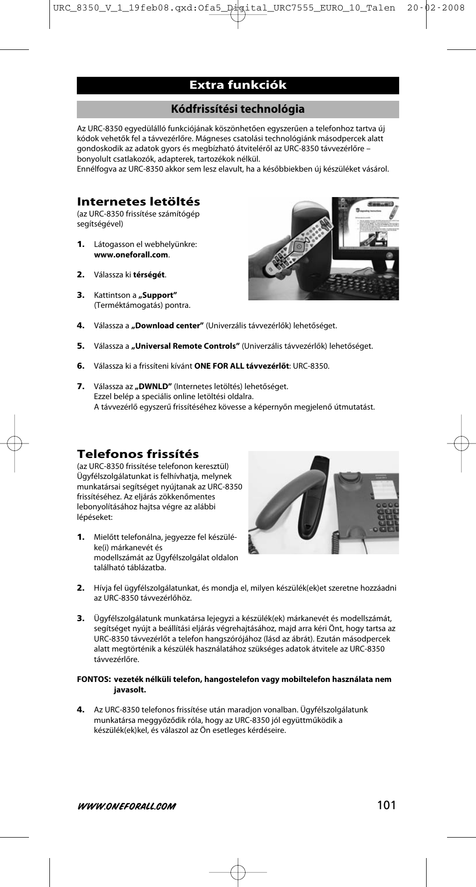 101 extra funkciók, Internetes letöltés, Telefonos frissítés | Kódfrissítési technológia | One for All URC-8350 User Manual | Page 102 / 152