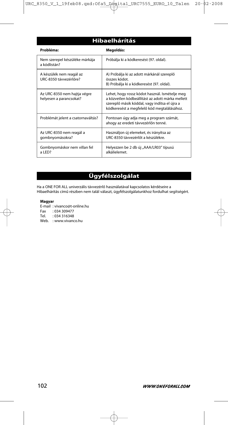 Hibaelhárítás ügyfélszolgálat | One for All URC-8350 User Manual | Page 103 / 152