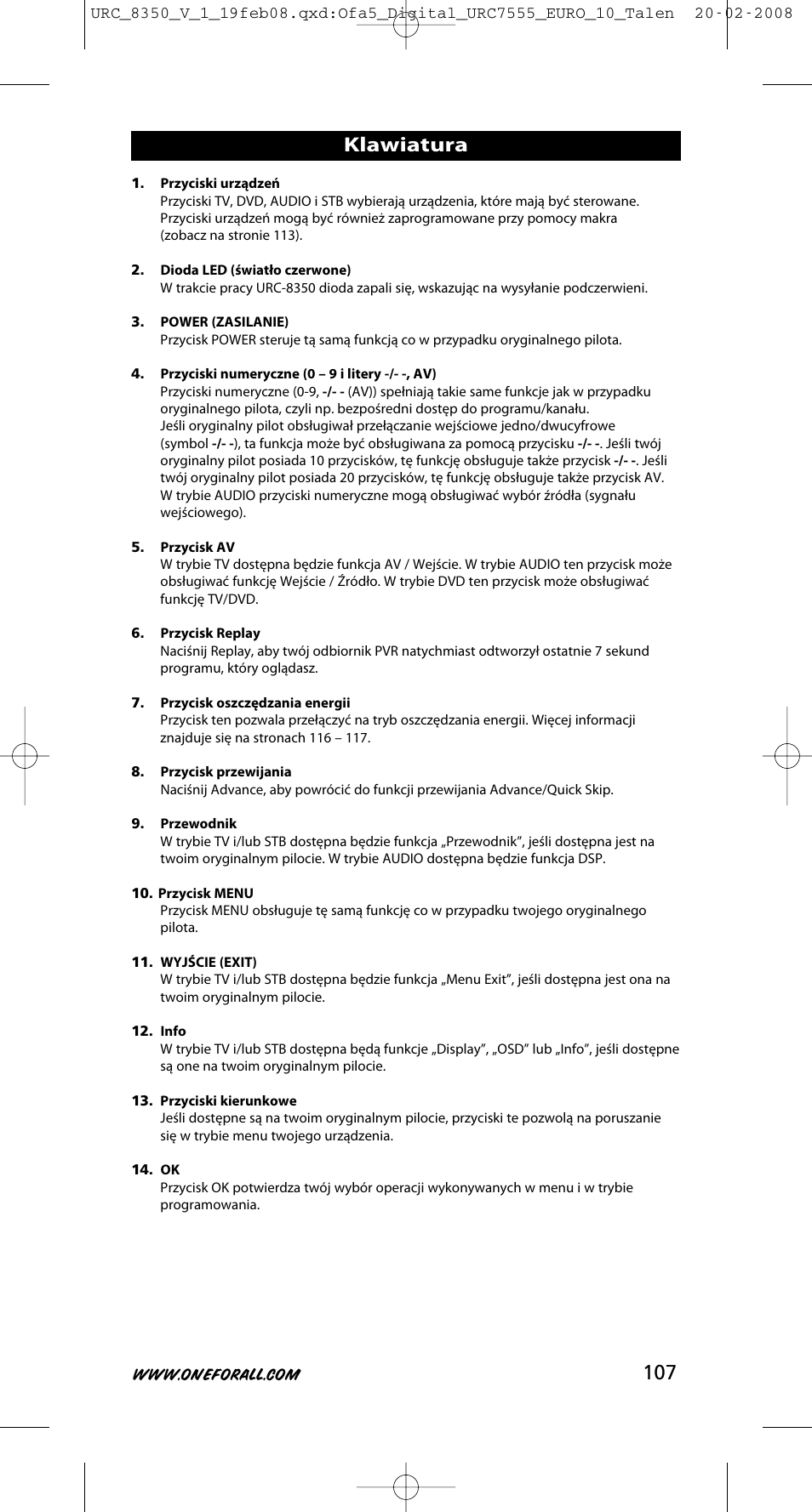 Klawiatura | One for All URC-8350 User Manual | Page 108 / 152