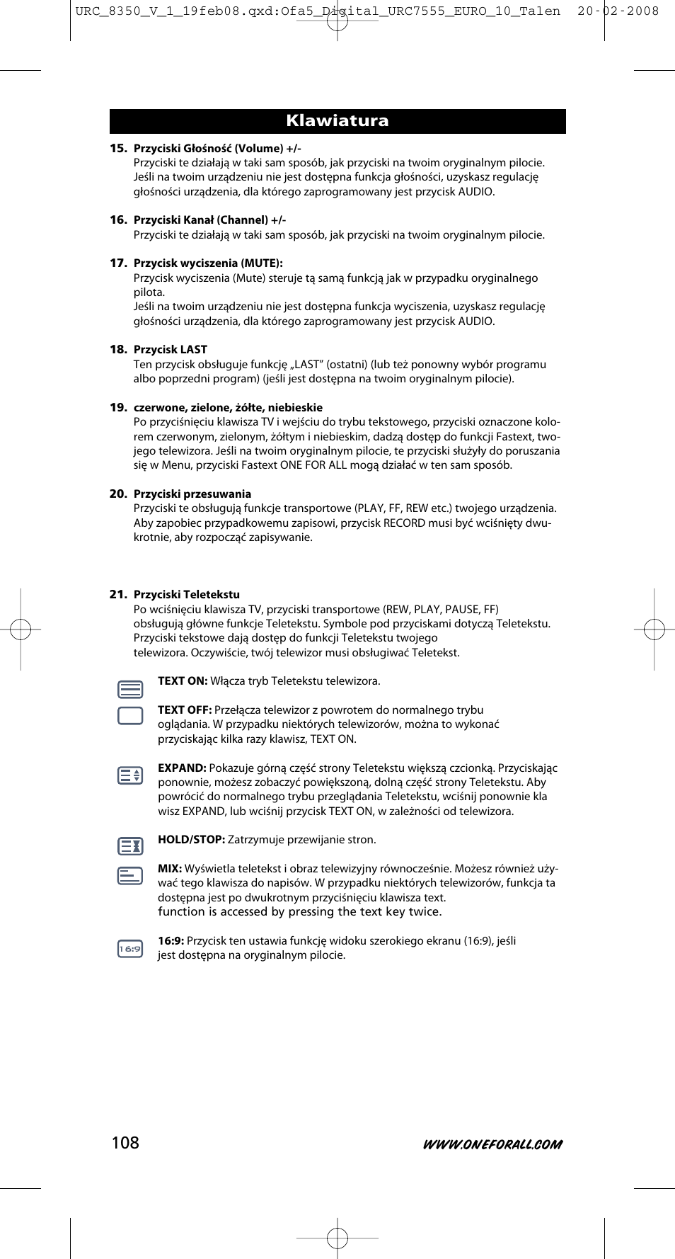 Klawiatura | One for All URC-8350 User Manual | Page 109 / 152